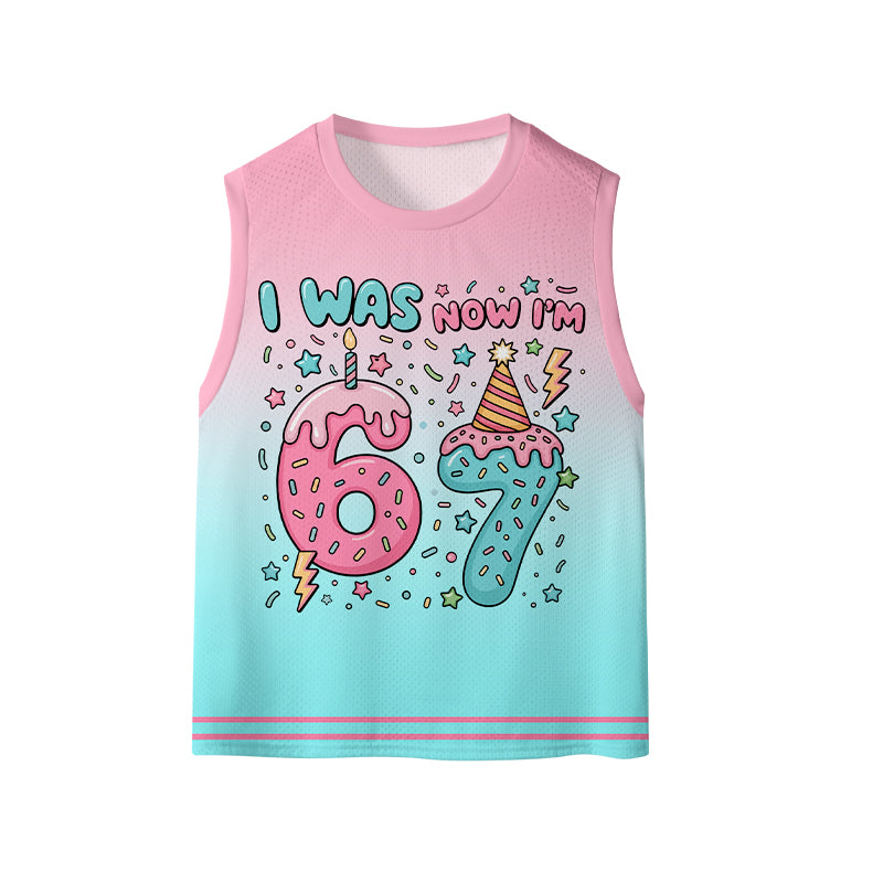 I Was 6 Now I'm 7 Donut Birthday Kids Mesh Jersey Tank Top